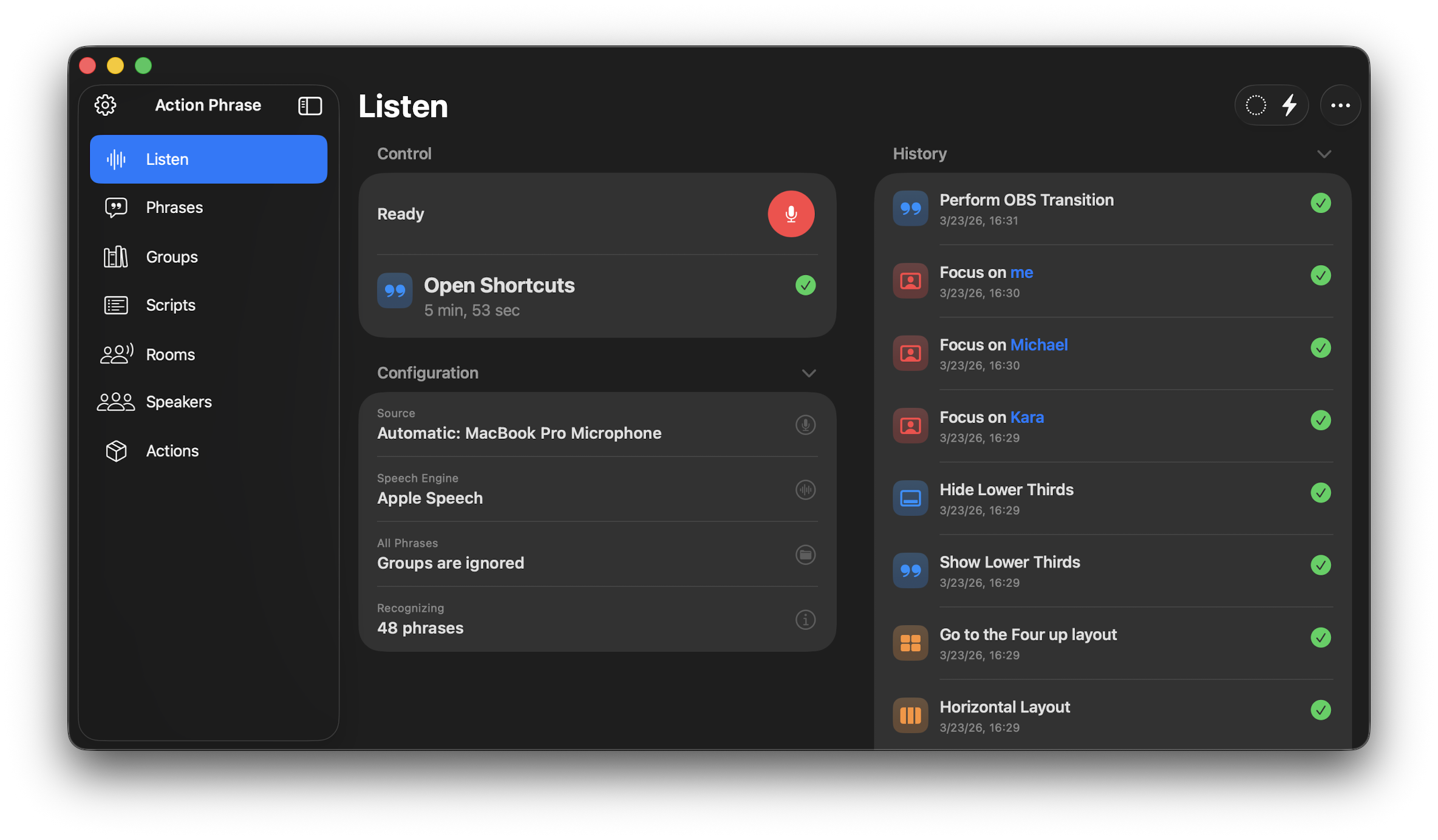 Action Phrase Listen section on macOS